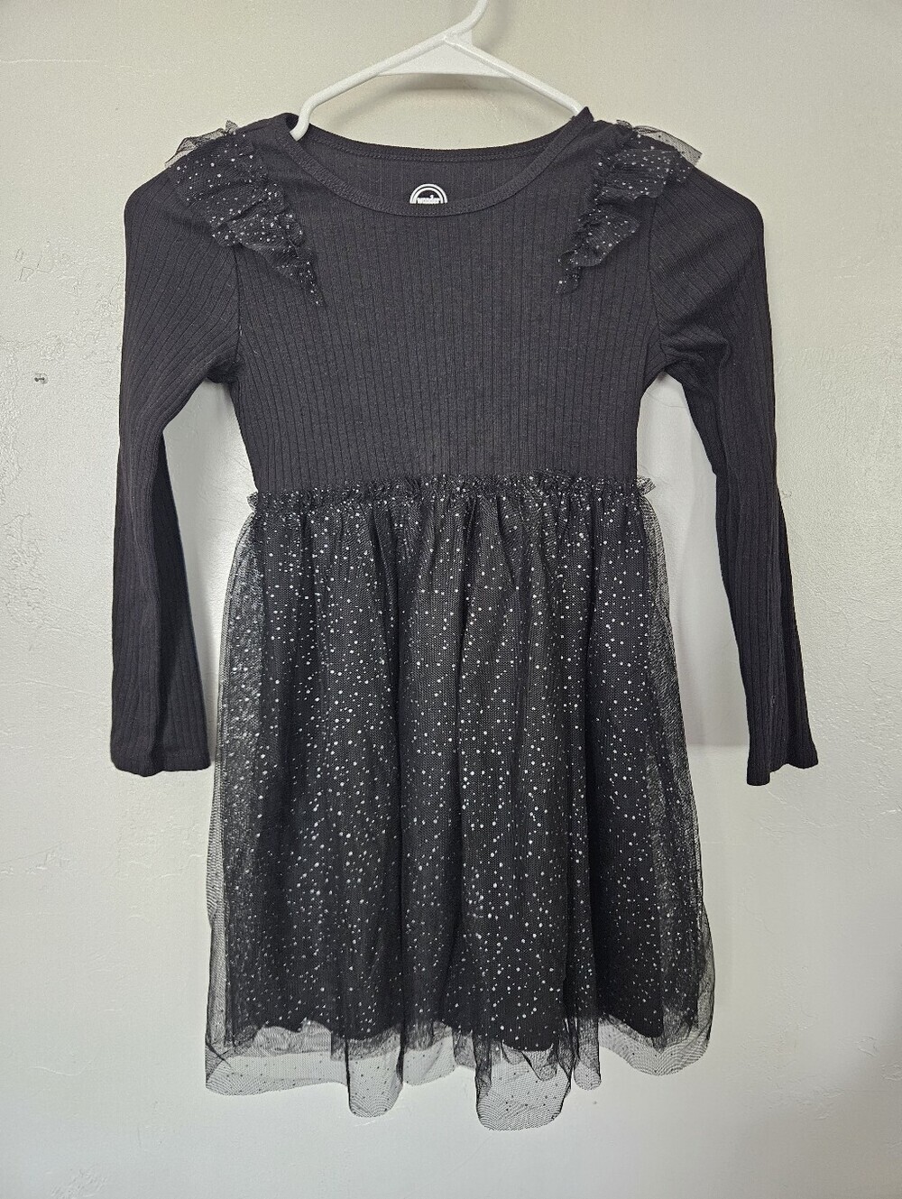 Wonder Nation Girls Small 6 Black Sparkle Tulle Long-Sleeve Dress Ribbed Ruffle